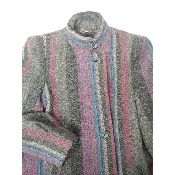 Vintage 1980s Womens 11 Winter Coat Wool Gray Purple Stripe Button Uruguay Mid - Picture 2 of 12